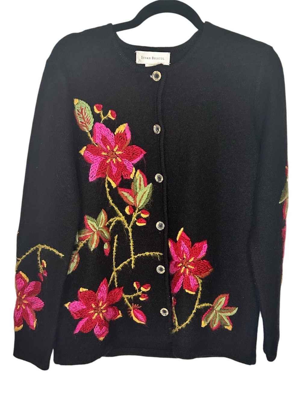 VTG 90’s Susan Bristol Black Floral Embroidered wool cardigan Sweater M